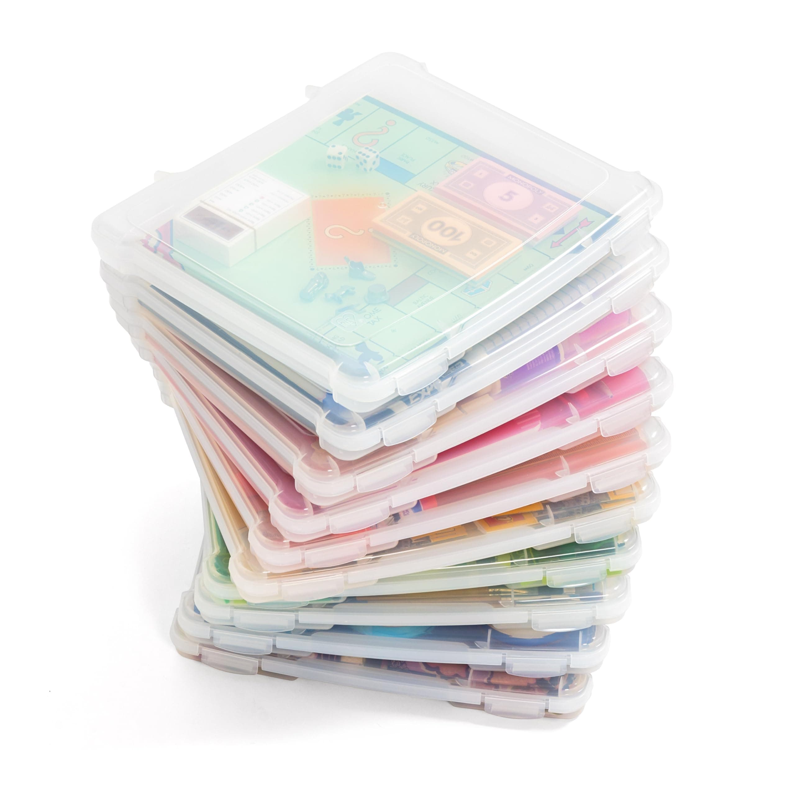 IRIS USA Board Game Storage Craft Organizer Box with Snap-Tight Latch Lid, 10-Pack Portable Plastic Case Bin for Puzzles, Magazines, Hobbies, Art Supplies, Fits 8.5" x 11" & A4 Papers, Slim, Clear