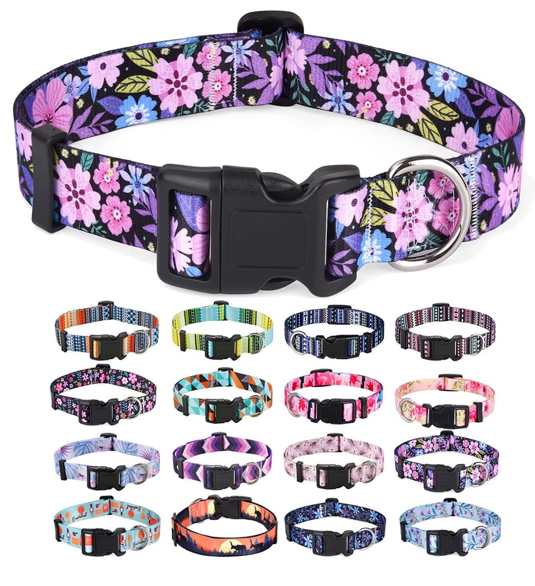 Mihqy Dog Collar for Medium Dogs, Cute Small Medium Large Dog Pet Collar, with Floral Patterns, Soft Adjustable for Boy Girl Female Male Puppy Dog Collar(Floral Pink,M)