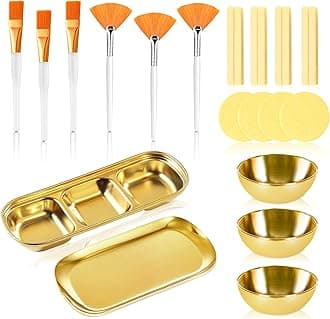 23 Pcs Esthetician Supplies 3 Stainless Steel Gold Mixing Bowls Gold Small Serving Tray 3 Compartment Serving Tray 3 Facial Fan Brushes 3 Face Mask Applicator Brush 12 Facial Sponge Compressed Round
