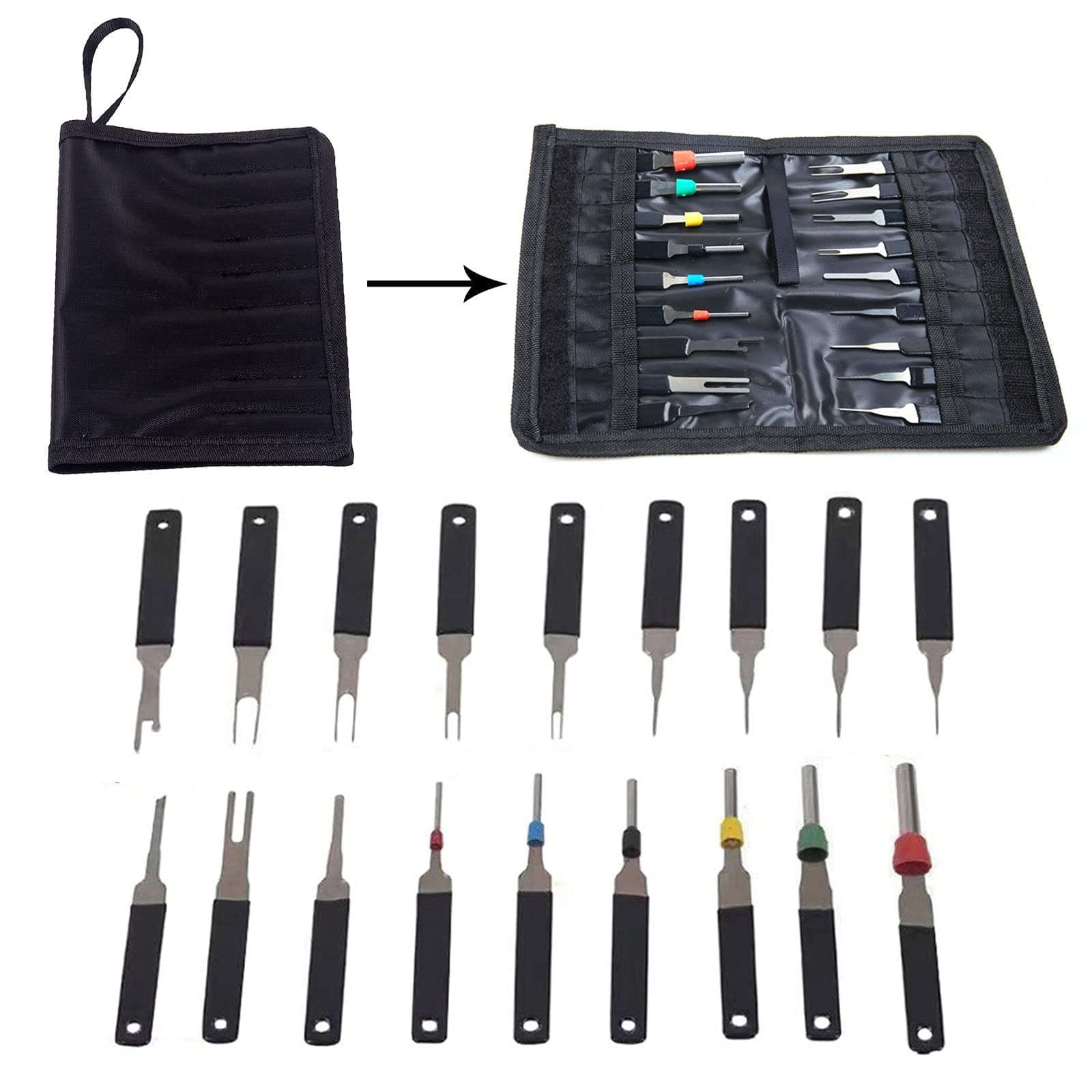 Terminal Extractor, 18 PCS Pin Terminal Removal Tool Kit, Black, Stainless Steel, Pin Connector