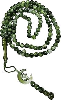 Al-Ameen Muslim Gift Islam Prayer Tasbih 99 Beads AMN-303 8 mm. Rosary Bead Moon Star Decorated Tassels Haj Eid Ramadan (Green)