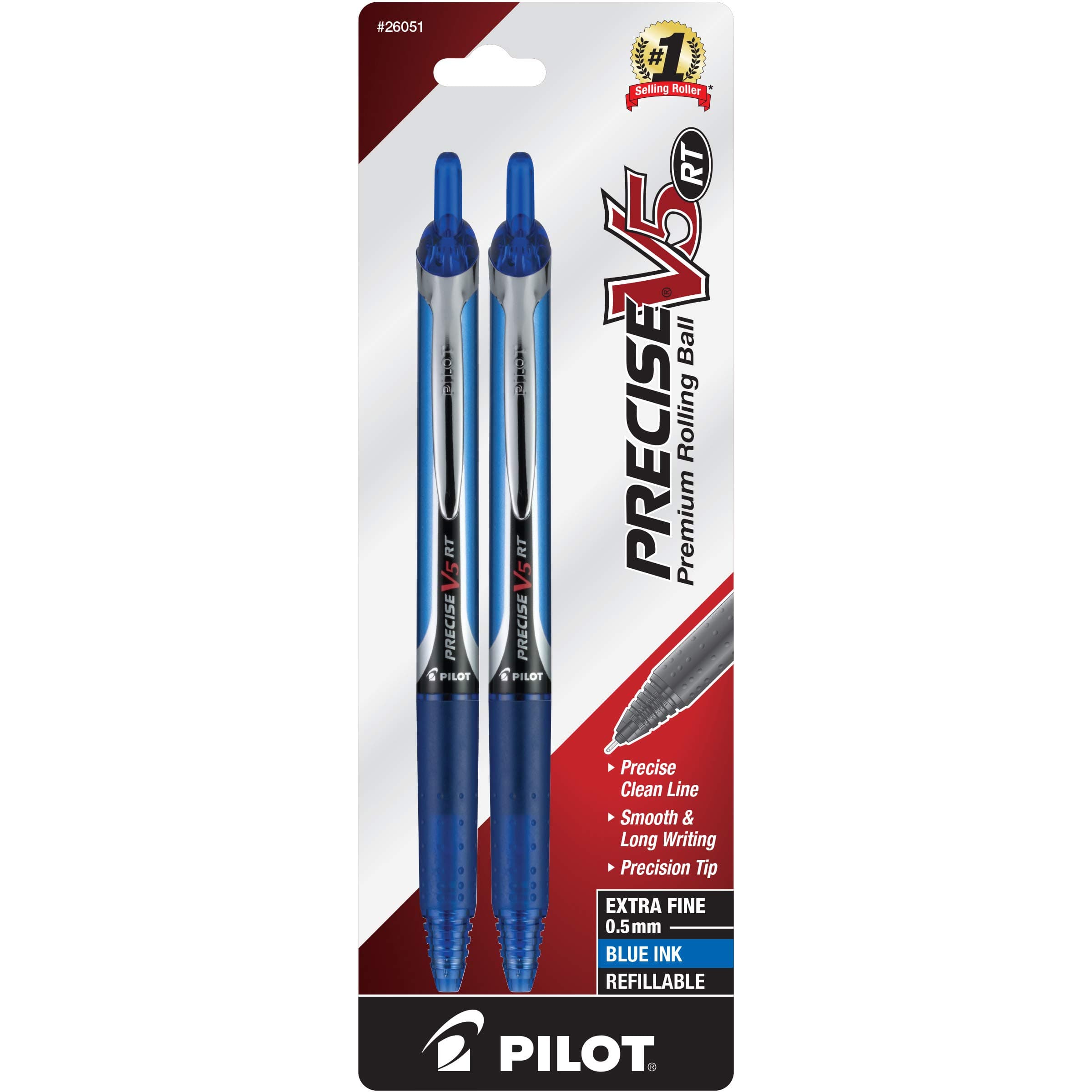 PILOT Precise V5 RT Refillable & Retractable Liquid Ink Rolling Ball Pens, Extra Fine Point (0.5mm) Blue Ink, 2-Pack (26051)