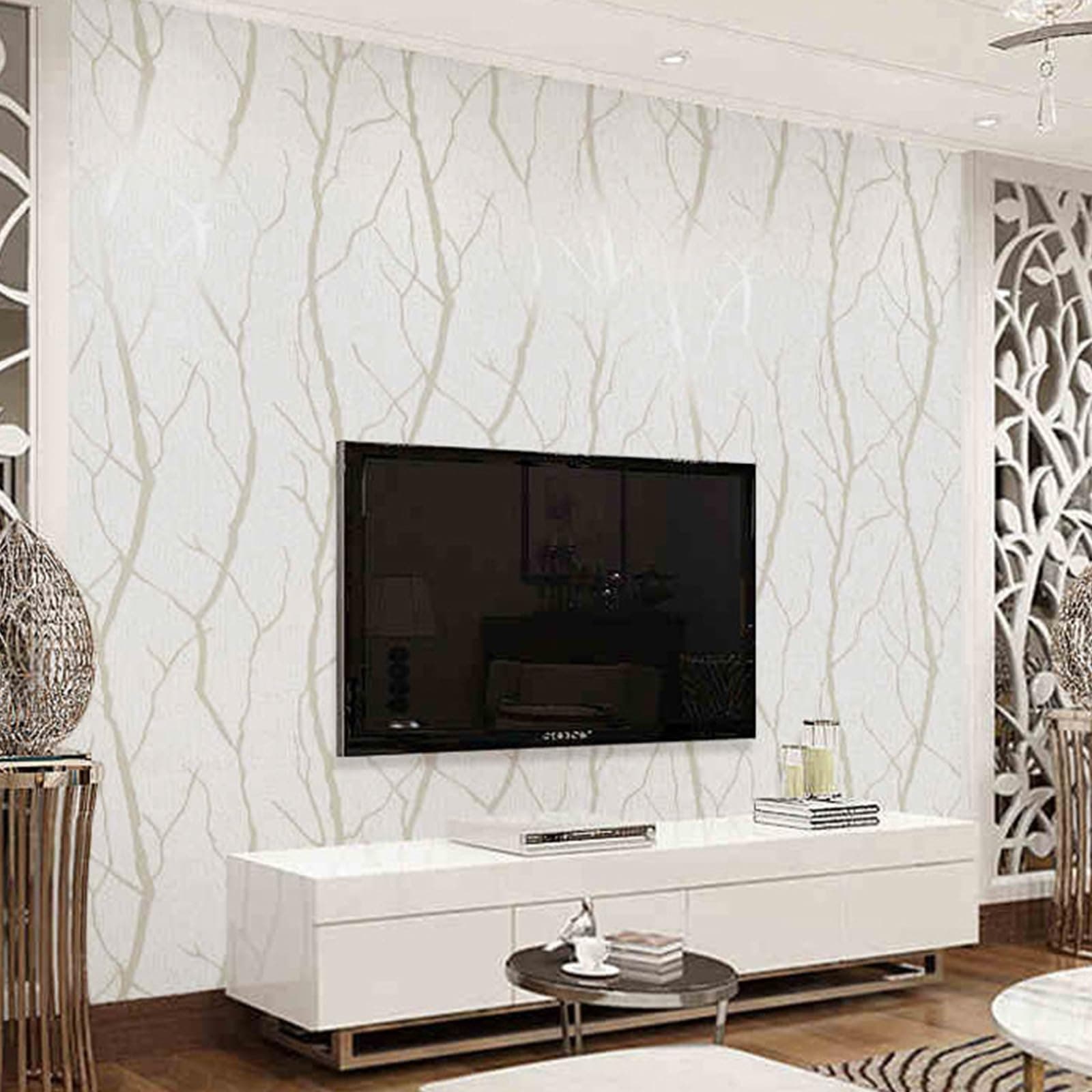 Trafagala Cream White 3D Embossed Wallpaper for Living Room Hallway Silver Striped Branch Glitter Wallpaper Feature Geometric for Bedroom Lounge Kitchen Wall Paper Roll