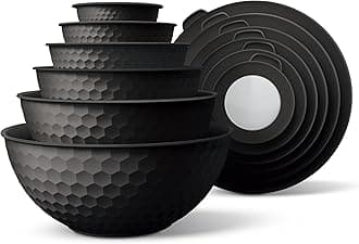 Mixing Bowls with Lids - 12 Piece Plastic Nesting Bowls Set includes 6 Prep Bowls and 6 Lids, Microwave Safe Mixing Bowl Set, Black Embossed