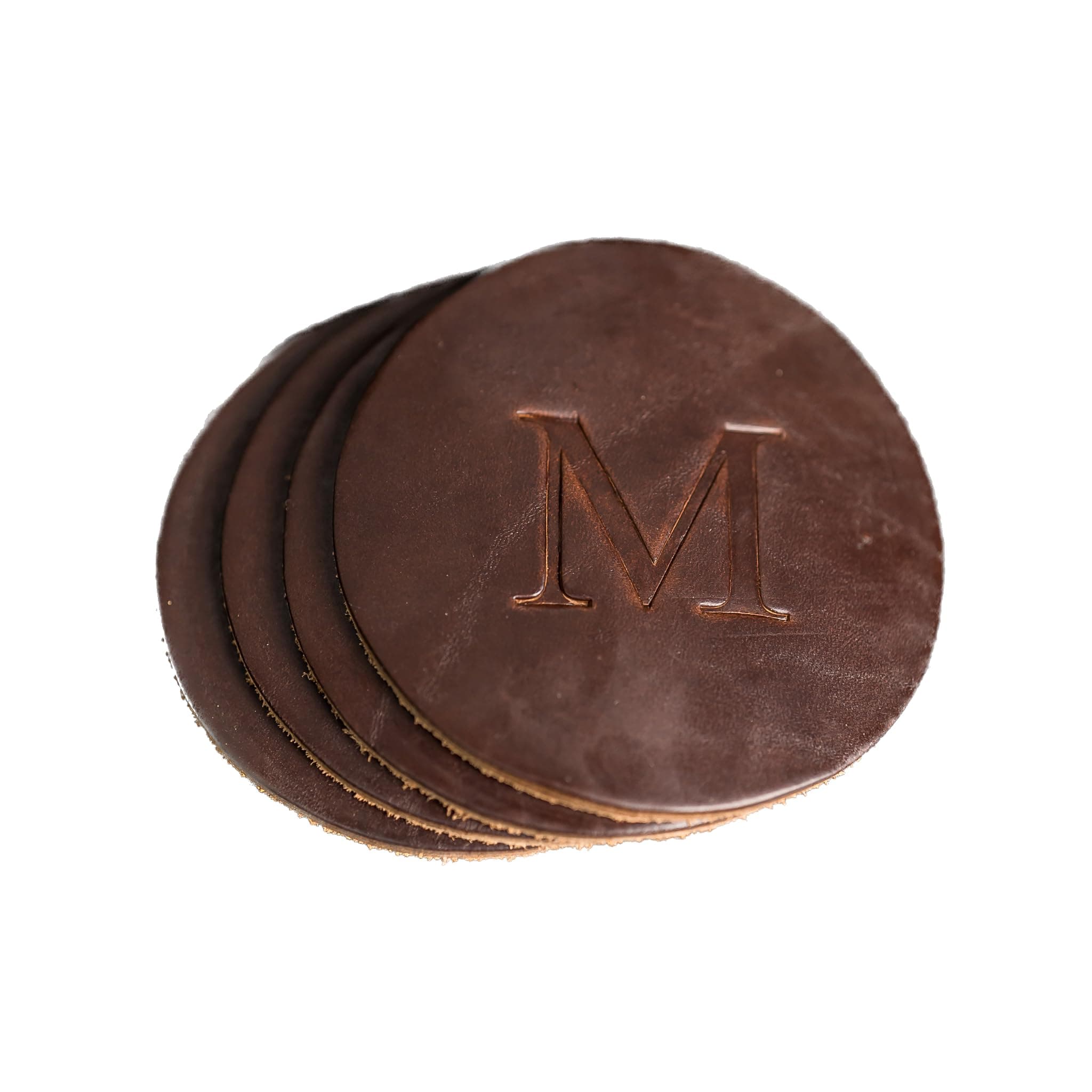 Personalized Leather Coaster 4 pk - Customize Inscription- 100% Full-Grain Leather – 4" Round or 4" Square – (Brown, Square)