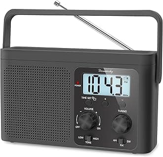 DreamSky Portable Shortwave FM Radio - Plug in Wall or Battery Powered, Transistor Antenna, Strong Reception, Large Analog Dial, Digital Display, 12/24 Hour, Connector for