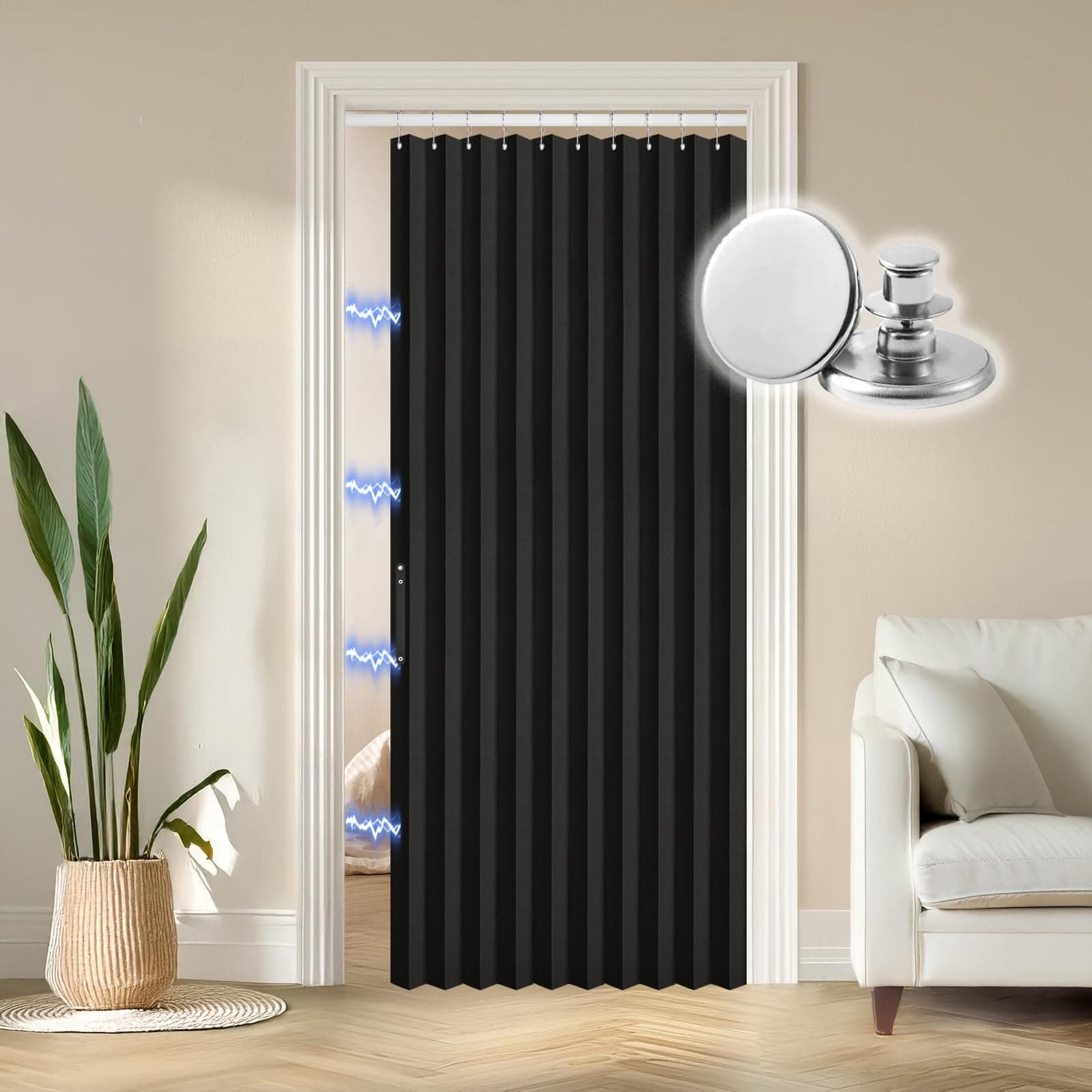 RINHARTEX Blackout Accordion Style Magnetic Door Curtain for Closet Pleated Folding Doorway Curtain Accordion Door Interior Room Divider Bedroom Bathroom Living Room(52x78inch,Black)