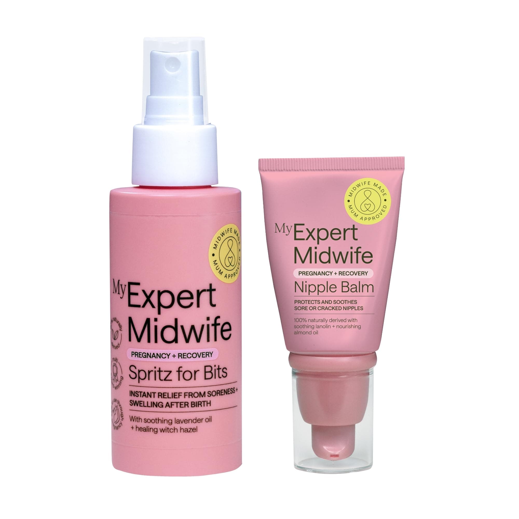 My Expert Midwife Bits and Nips - Birth Prep & Recovery Duo with Spritz for Bits Postnatal Relief Perineal Spray and No Harm Nipple Balm Nipple Cream (Pack of 2)