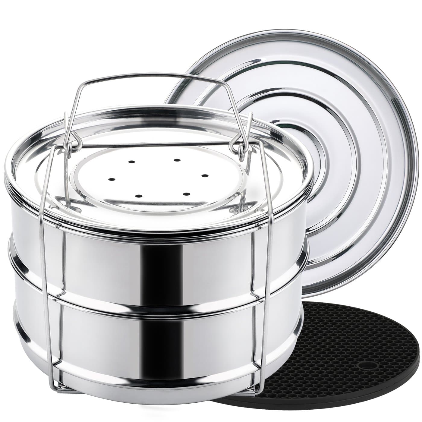 Aozita (5.7l) - Stackable Steamer Insert Pans with Sling for 5/6/7.6l Instant Pot Accessories - Stainless Steel Food Steamer for Pressure Cooker, Baking, Lasagna Pans, Upgrade Interchangeable Lids ...