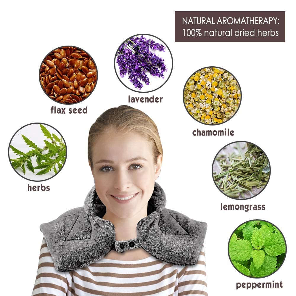 Microwave Heating Pad, Hot/Cold Shoulder Wrap Aromatherapy Soft Flannel & Button Design, Natural Herbal Filler, Dry/Moist Relieve Aches and Tension in The Neck, Back and Arthritis