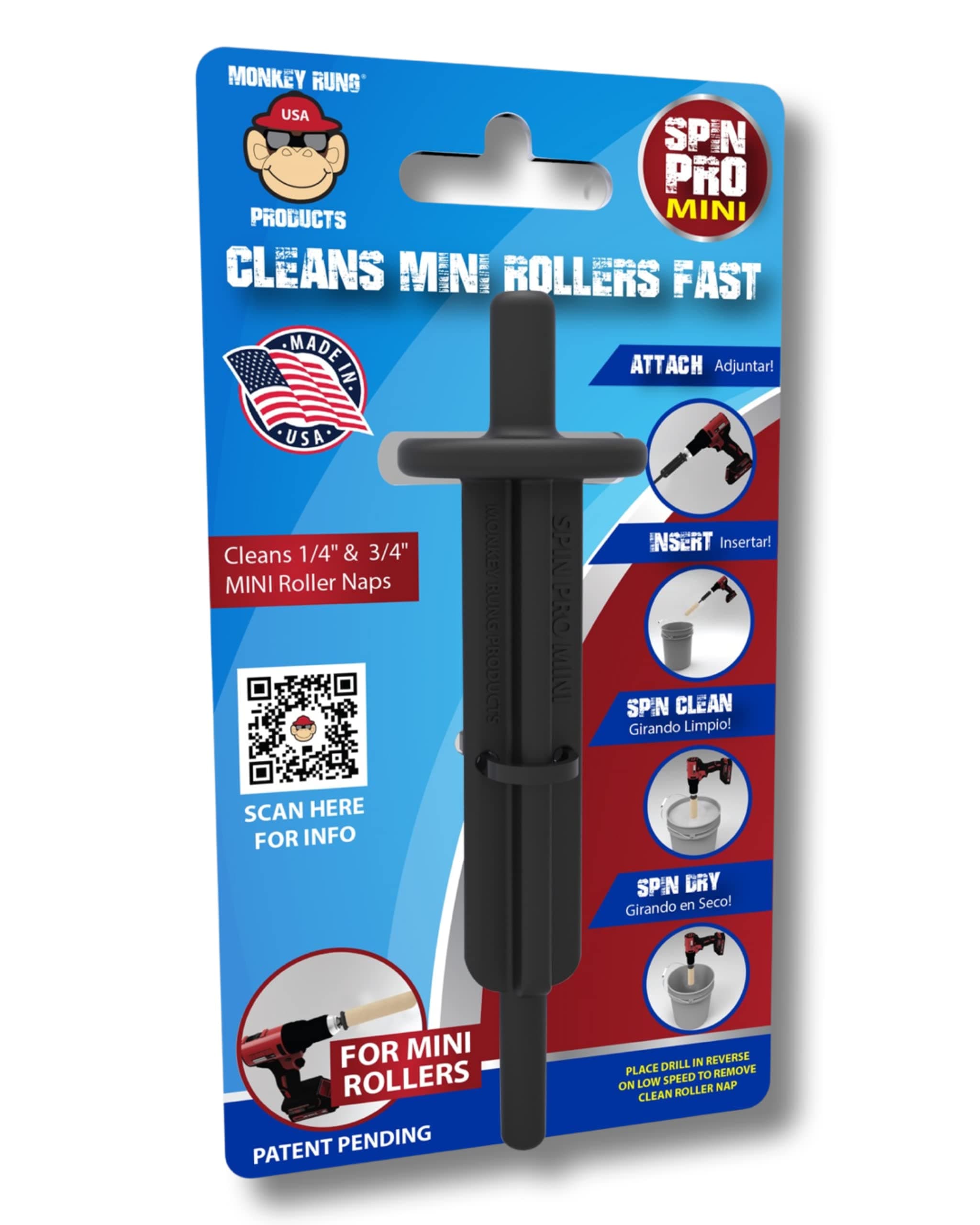 Monkey Rung Products Spin Pro Mini Paint Roller Cleaner Tool Fits 1/4" to 3/4" inch Mini Rollers Drill Driver Spinner Attachment Clean and Dry Paint Tools in Seconds (Spin Pro Mini)