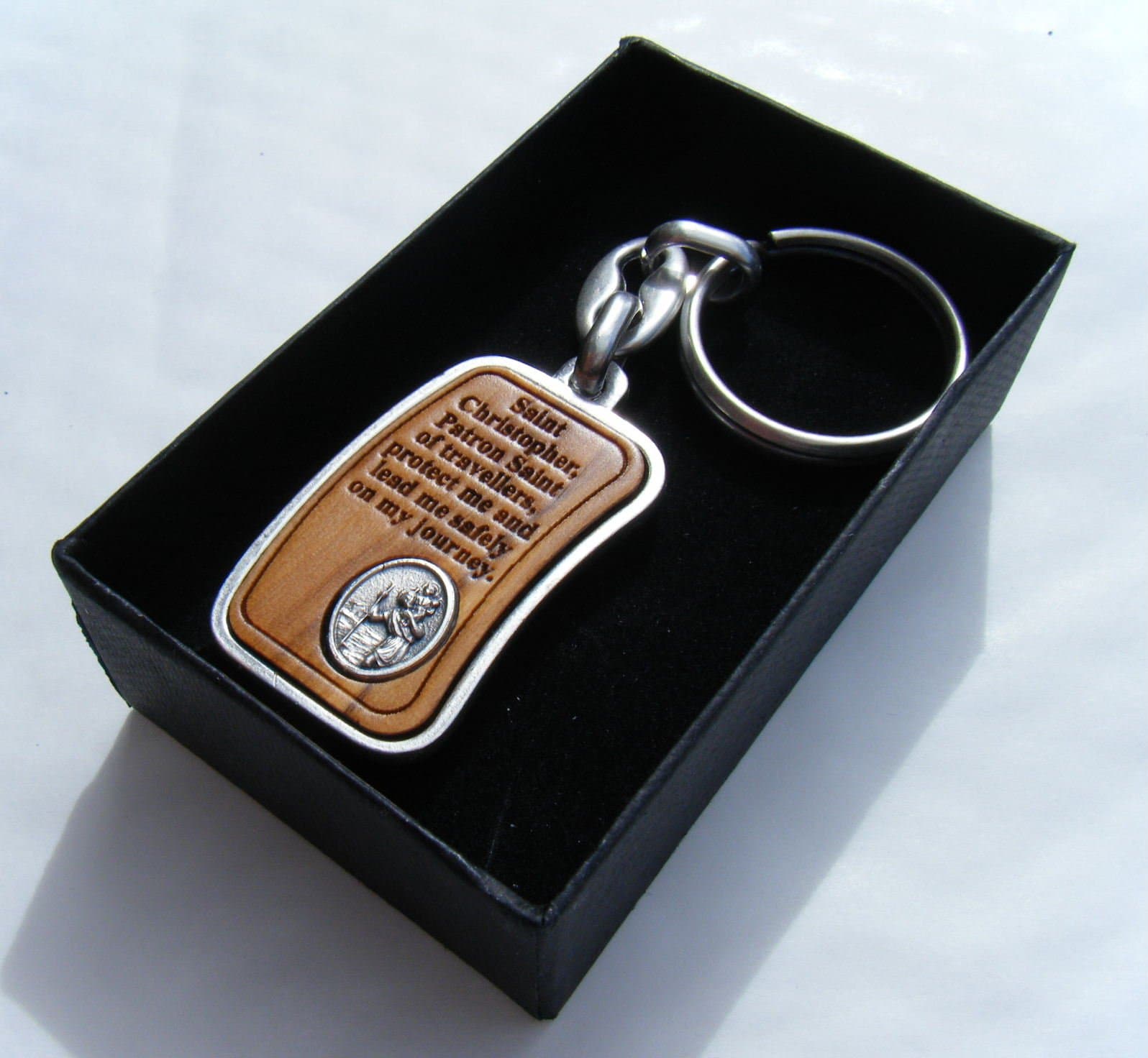 St Christopher Keyring Real Olive Wood with metal frame Gift Boxed