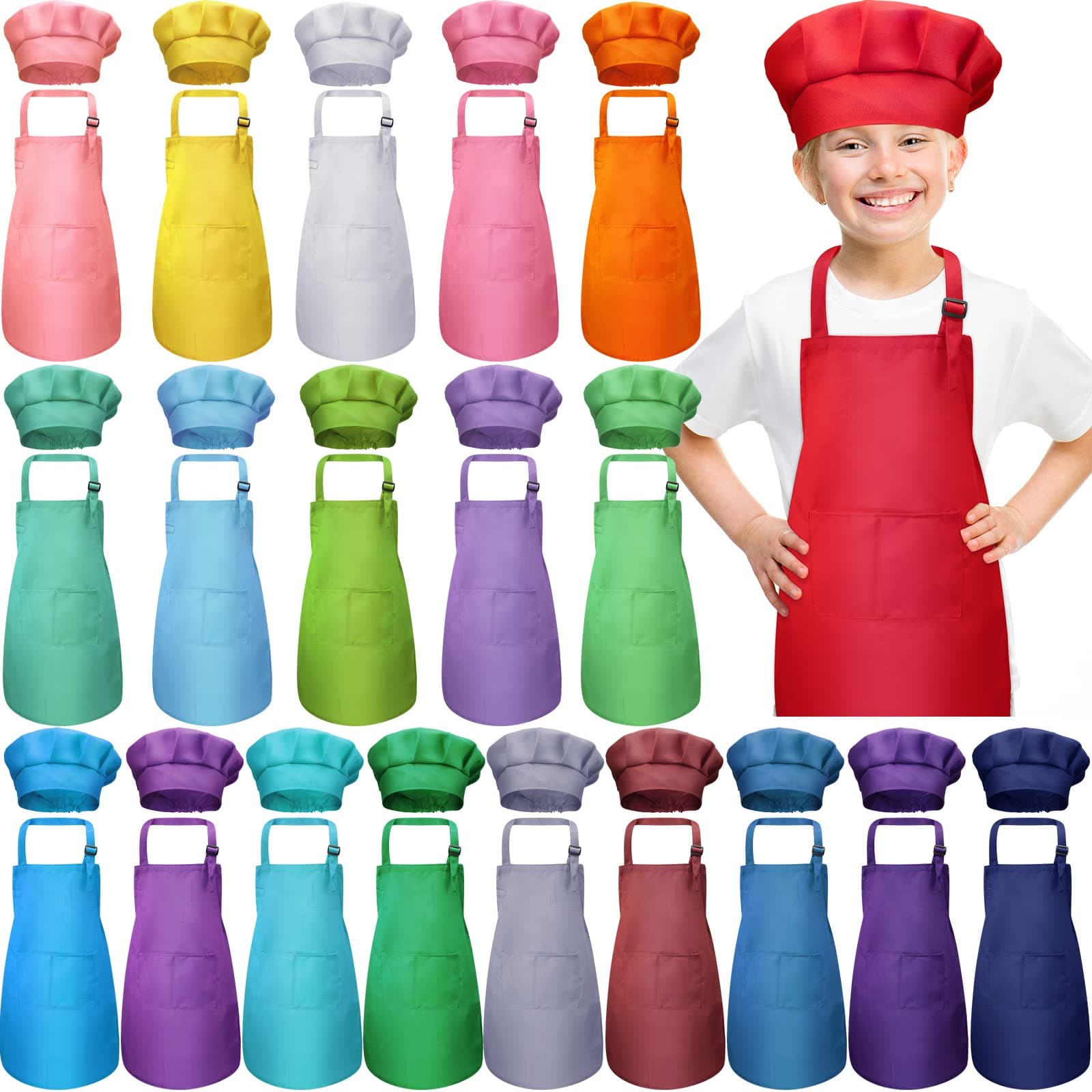 Handepo 40 Pcs Apron Chef Hat Set Aprons Chef 's Bib Apron Hats Bulk for Cooking Painting 7-13 Years
