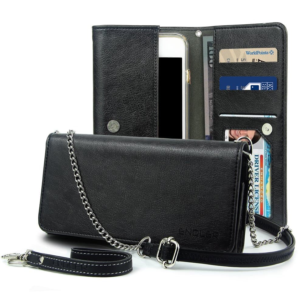 iPhone 6s Plus Smart Wallet Case, ENDLER ID Card Slots Clutch Purse [Crossbody Strap/Wristlet/Key Rang] PU Leather Pouch With a iPhone 6s/6 Plus Smart Phone Case For iPhone 6s/6 Plus (5.5 inch)-Black