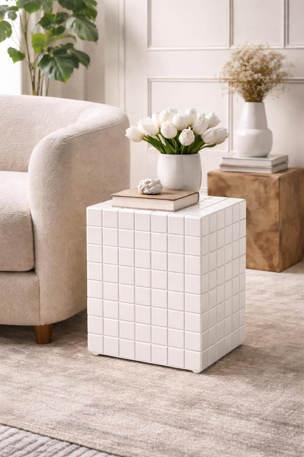 Tiled Cube Accent Bedside Table Coffee Stand Home Storage Organizer For Living Room Bedroom (White, Engineered Wood)