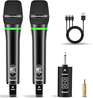 Bietrun Wireless Microphone, Rechargeable UHF Metal Dual Cordless Handheld Dynamic Unidirectional Mics with Bluetooth for Karaoke Machine, PA System Speaker, Mixer, Party, Church, Wedding(240ft Range)