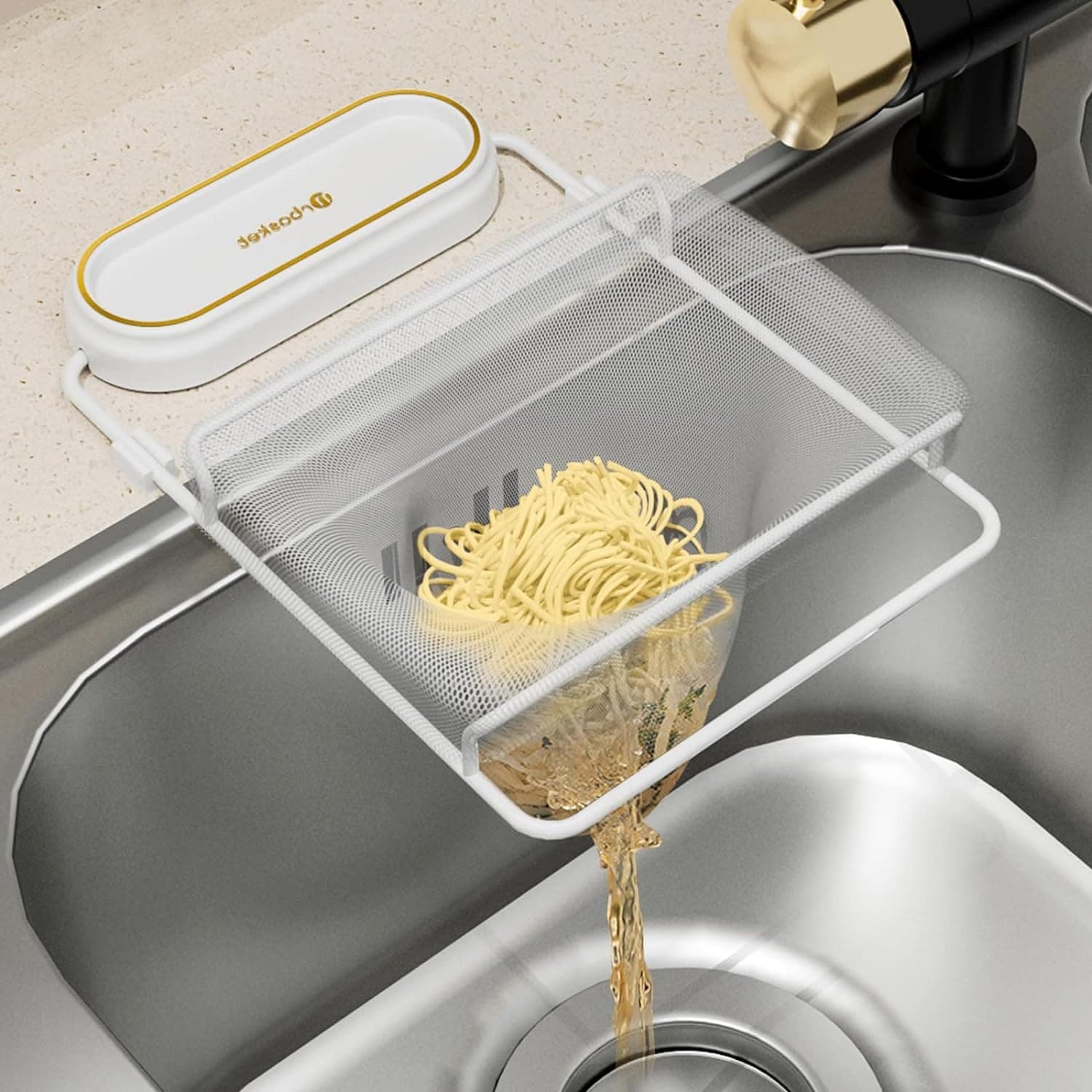 SHENGMEI Sink Filter Rack, Kitchen Sink Strainer with 50-Piece Filter Bag Foldable Kitchen Sink Corner Drainage Basket, Metal Stand Fine Mesh Strainer (White)