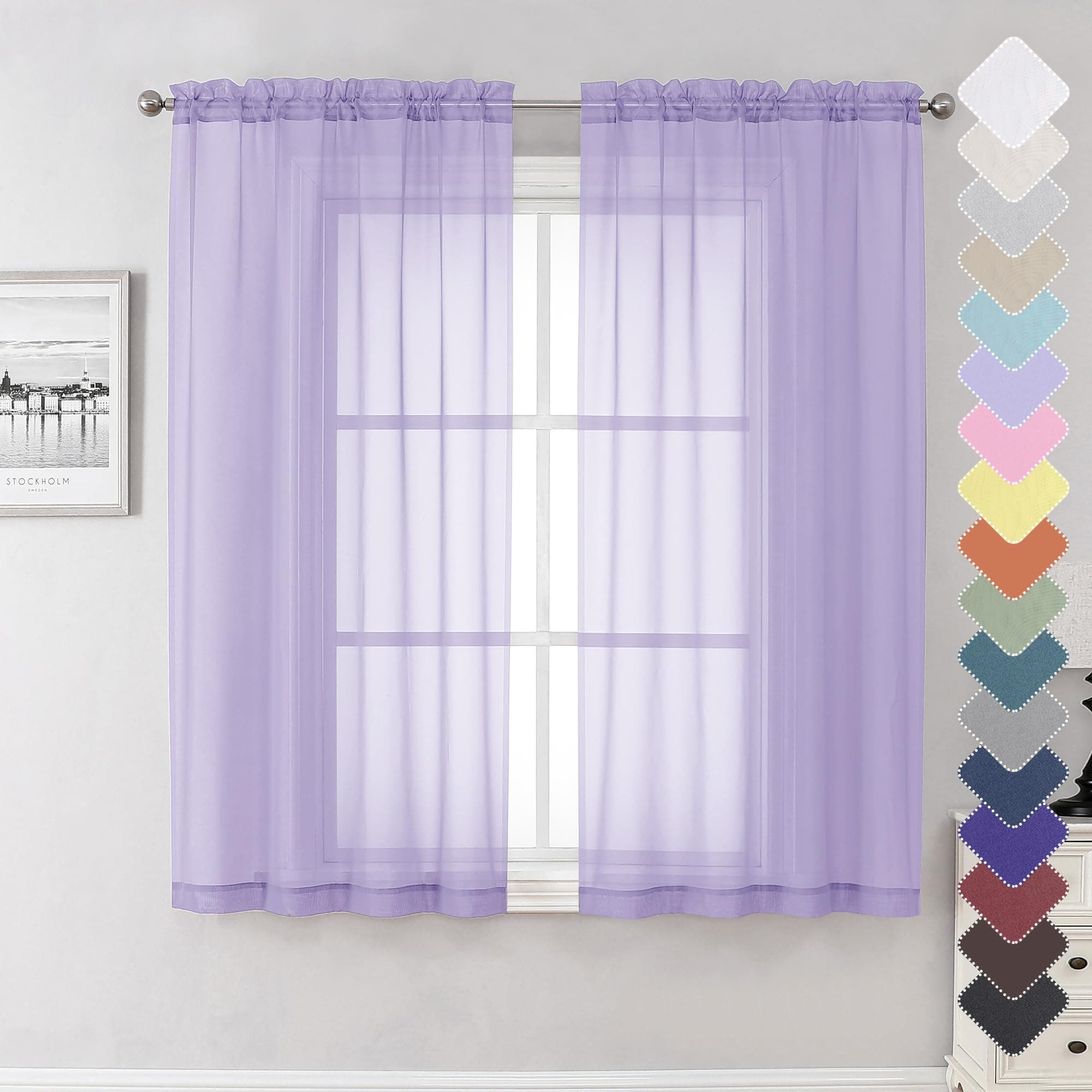 Lecloud Light Filtering Lavender Sheer Curtains 63 Inch Length 2 Panels, Solid Kitchen/Living Room/Bedroom Voile Light Purple Curtain, Dual Rod Pockets Window Short Gauzy Drapes, 40x63 InchesOEKO-TEX STANDARD 100