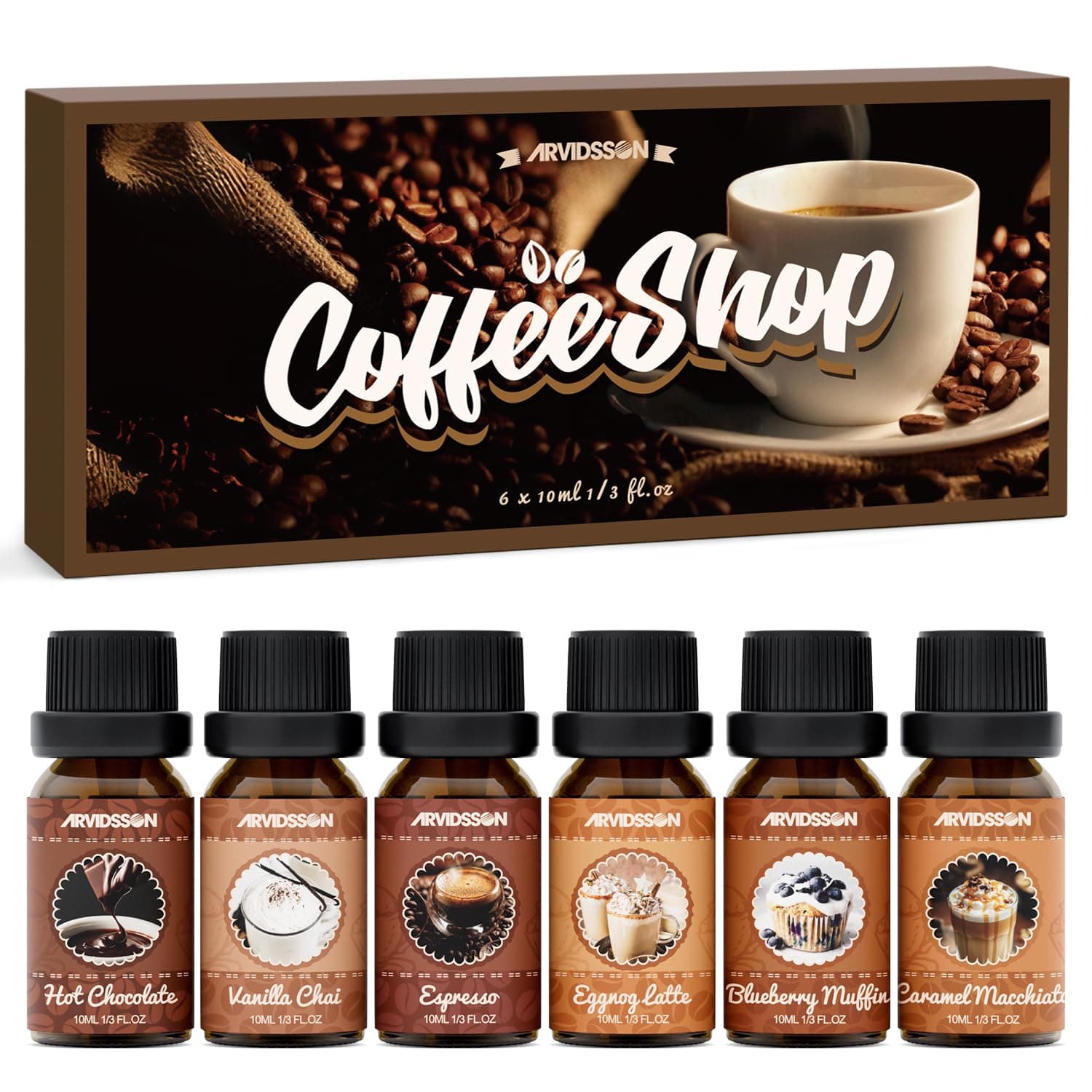 ARVIDSSON Coffee Fragrance Oils Set, Premium Essential Oils for Diffuser, Espresso, Vanilla Chai, Hot Chocolate, Blueberry Muffin, Eggnog Latte, Caramel Macchiato, Coffee Shop Scented Oils