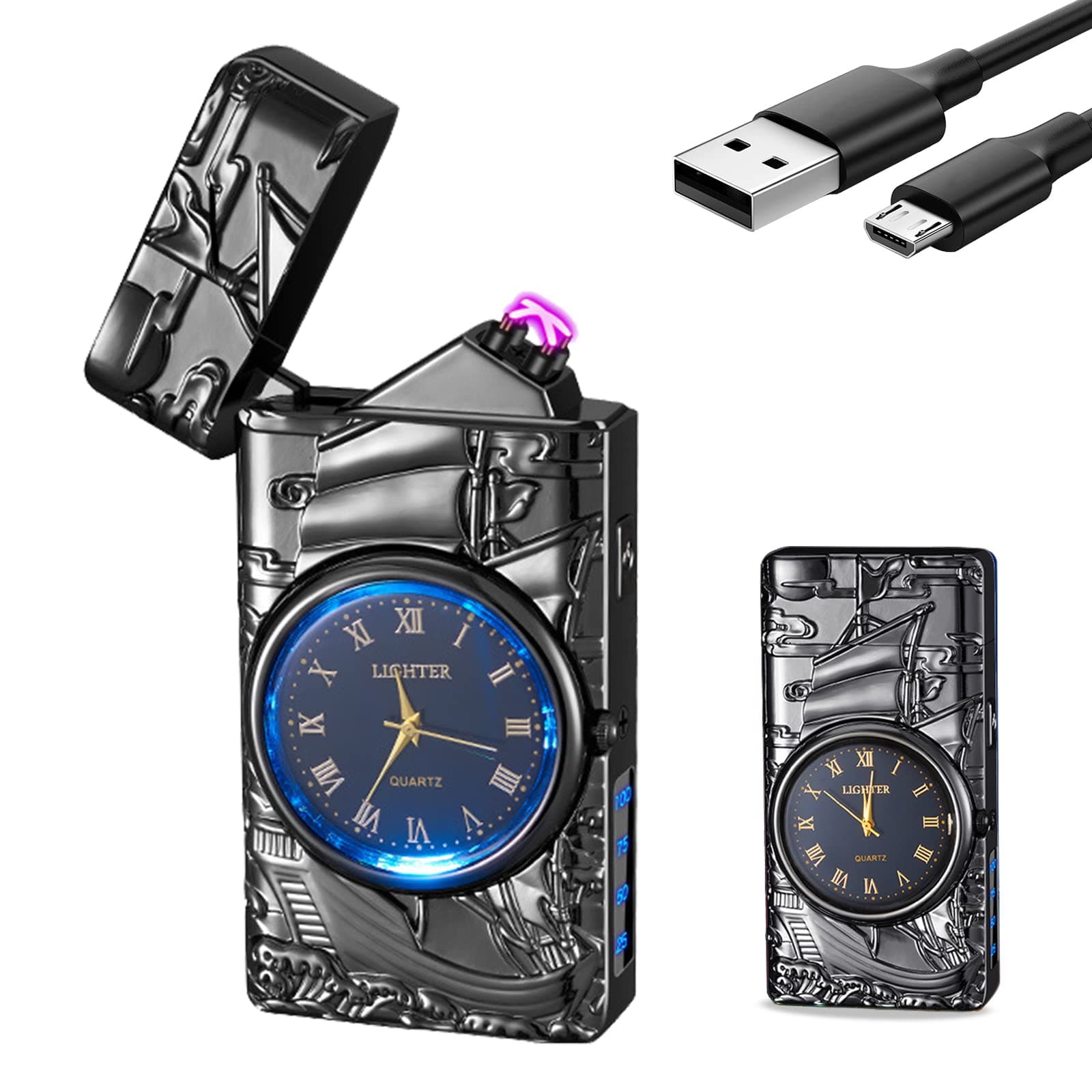 Plasma Lighter USB Rechargeable YOZWOO Electronic Lighter with Clock Stylish Eagle Totem LED Light Dual Arc Lighter Windproof Electric Lighter without Flame (Black)