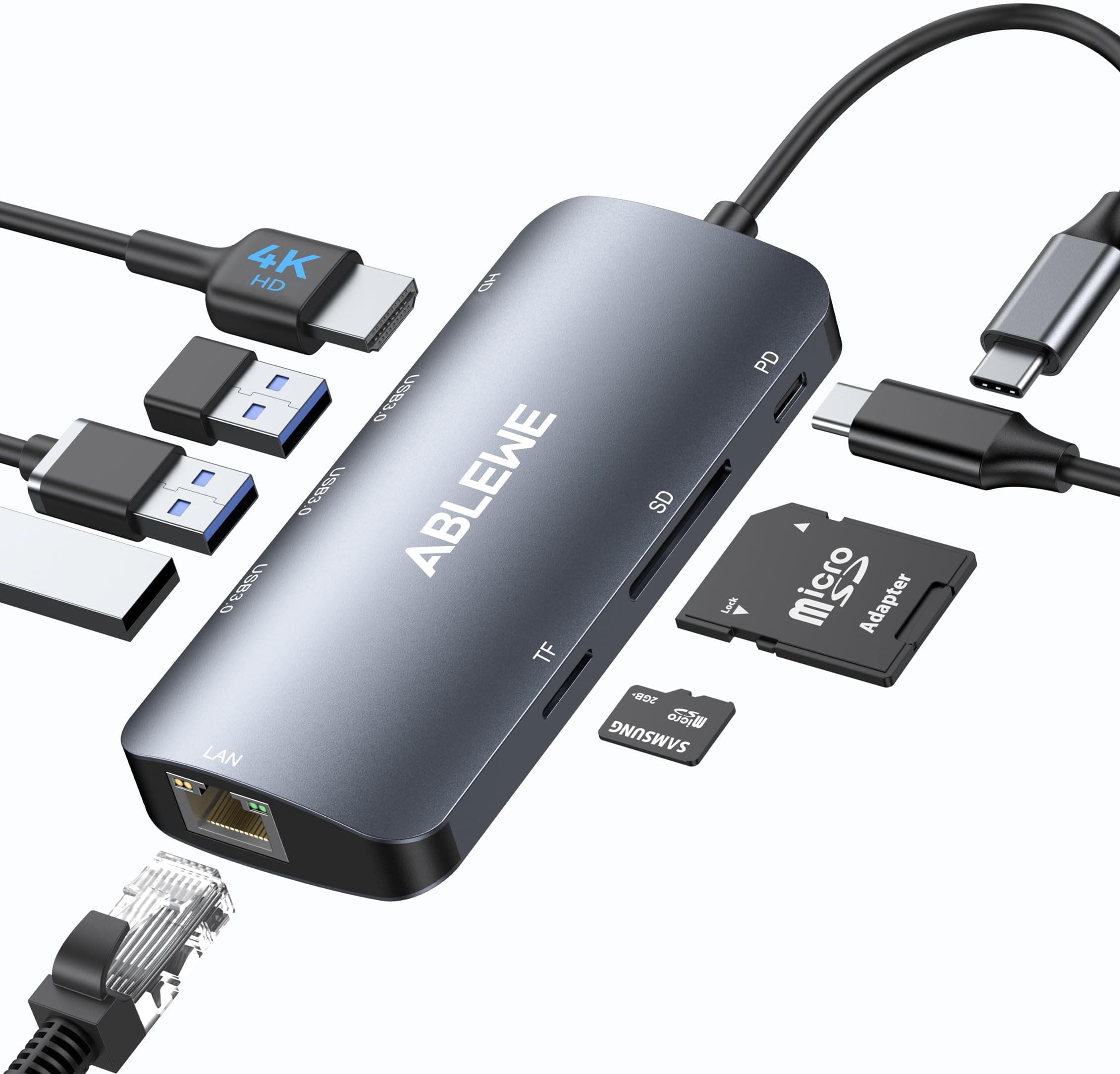 ABLEWE USB C Hub Ethernet, Multiport USB C to HDMI Hub, 8 in 1 4K@60Hz USBC Adapter,1000Mbps, 100W PD, 3 USB 3.0 Ports, Docking Station Compatible for MacBook, Tablet, Phone, Type C Devices