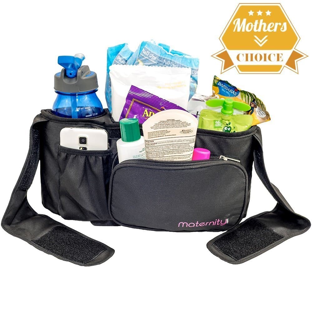 Universal Stroller Organizer By Maternity – Durable Spacious Stroller Accessory – Extra Long Straps, Fits All Strollers. Available in All Black or Black with a Pink Border.
