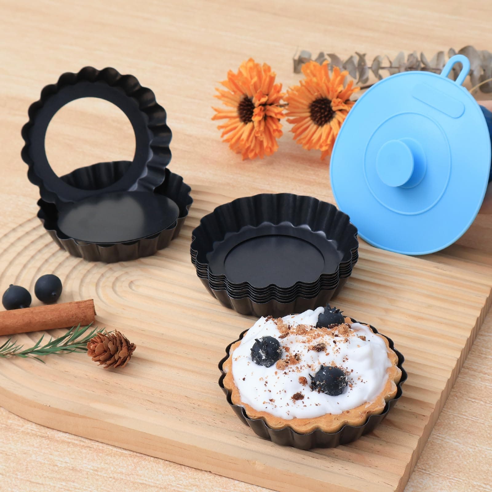 Mini Tart Pans with Removable Bottom 4 inch Set of 10, Non-stick Round Quiche Pan Heavy Duty Carbon Steel for Mousse Cakes, Christmas Dessert Baking with Silicone Scrubber
