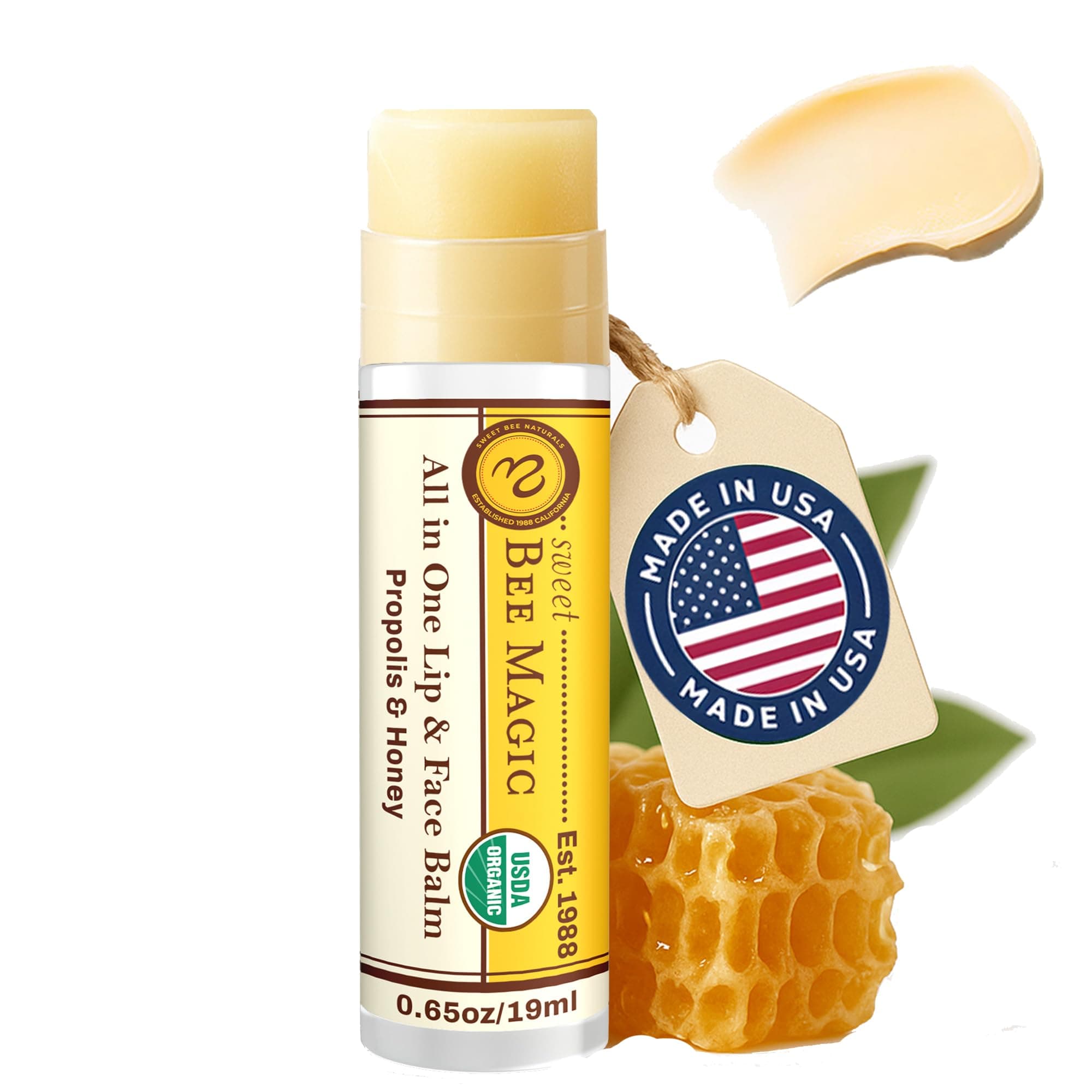 Organic Beeswax Lip Balm - Natural Chapstick for Dry Lips - Honey & Propolis Moisturizing Wand - Non Petroleum Lip Balm for Men & Women - Clean Lip Care for All Skin Types, 0.65 oz