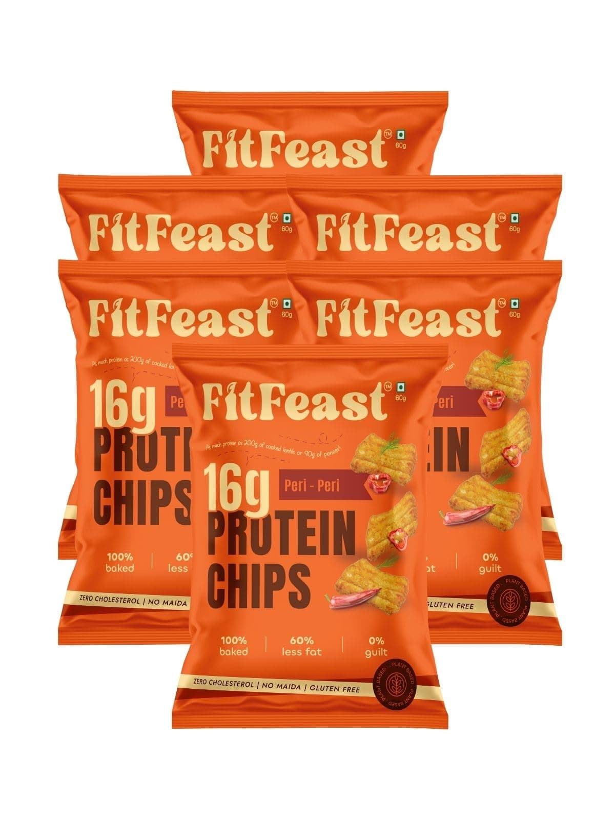 Protein Chips - Peri Peri Flavour | Pack of 6-60 g Each | 16g Plant Protein Per Pack | Baked Chips, Not Fried | Multigrain Protein Snacks | As Seen on Shark Tank