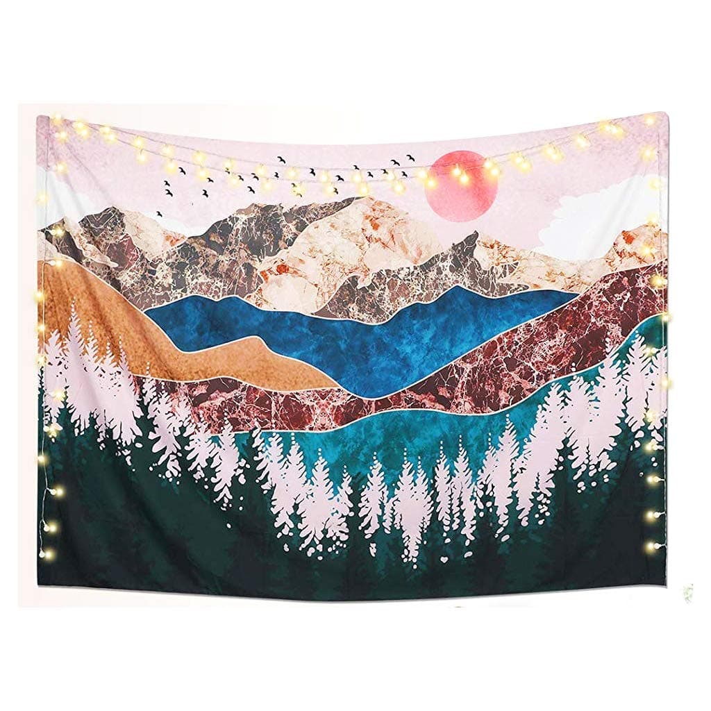 Sunset Wall Tapestry Forest Tree Tapestry Mountain Wall Hanging Home Decoration for Bedroom Living Room (Colorful, M/130X150cm/51"X59")