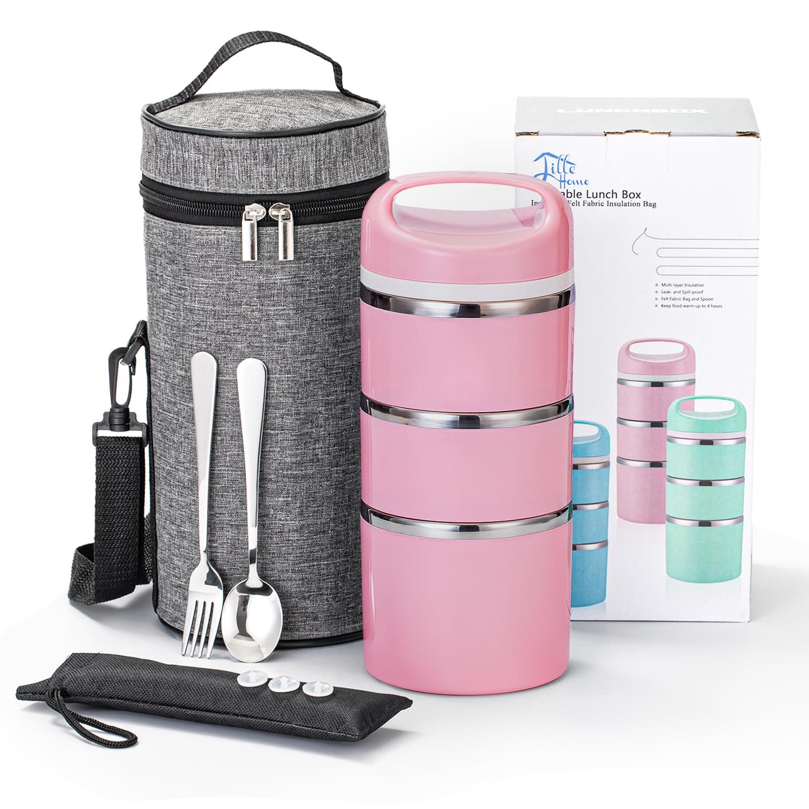 1380ml Stackable Stainless Steel Thermal Compartment Lunch Box, 3-Tier Insulated Bento/Food Container with Upgraded Lunch Bag and Silicone Seals