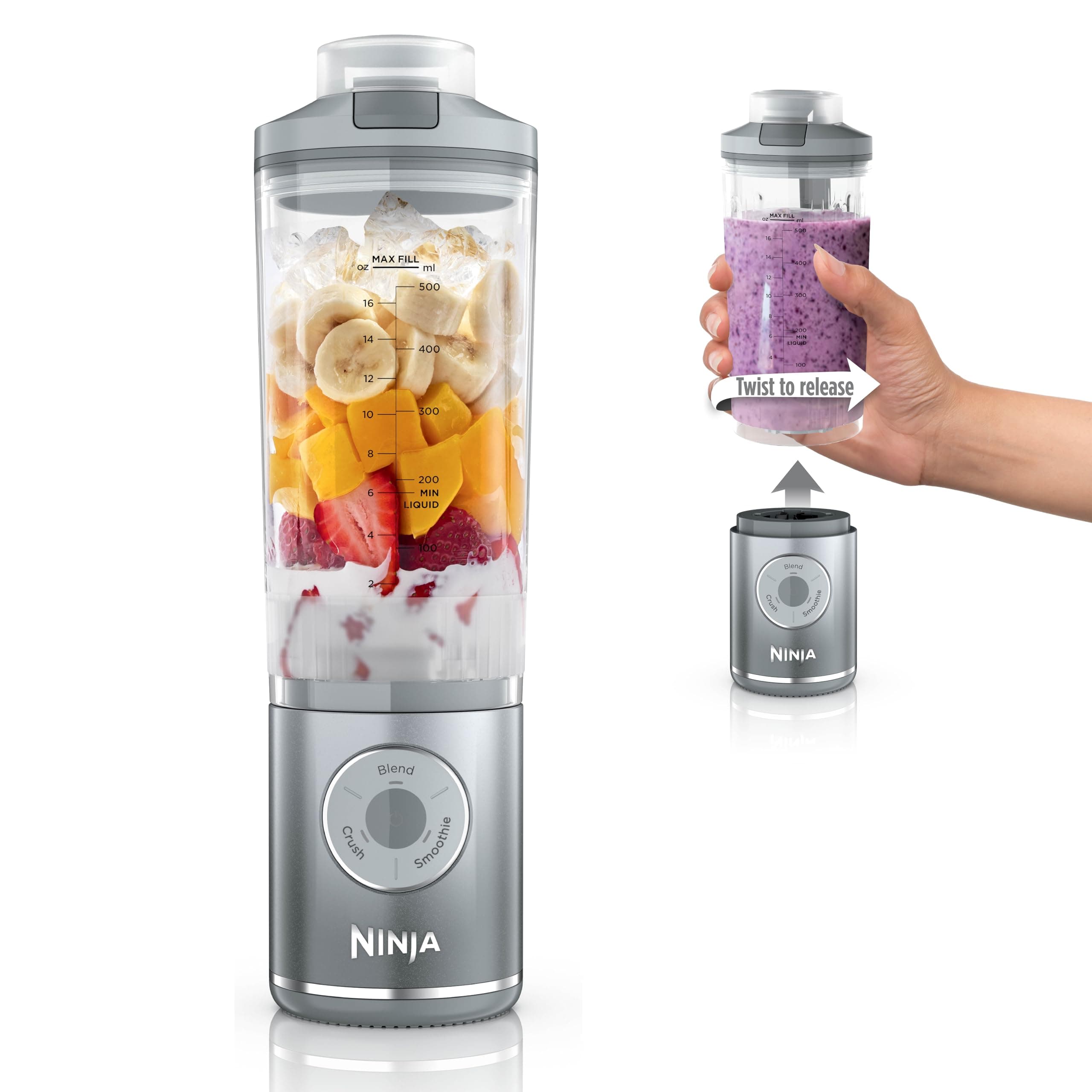Ninja Blast Max, Portable Blender + Twist & Go, Personal Blender, Smoothie, Blend, Ninja Crush, 3 Programs, Cordless, 625 ml Detachable Container, Dishwasher Safe, Leak-Proof, Silver