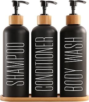 Prus Waso Shampoo and Conditioner Dispenser with Bamboo Pumps & Tray, Perfect for Bathroom Essentials for New Home (Black)