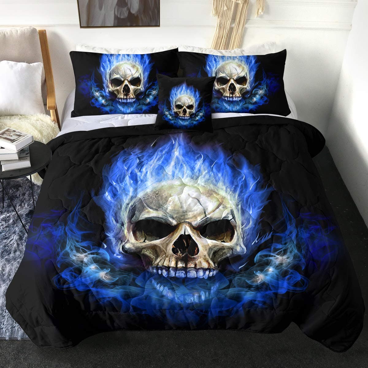 Sleepwsih Fire Skull Comforter Set King Size Blue Flame Skull Bedding Set for Kids Boys Cozy 4 Piece 1 Comforter 2 Pillow Shams and 1 Cushion Cover