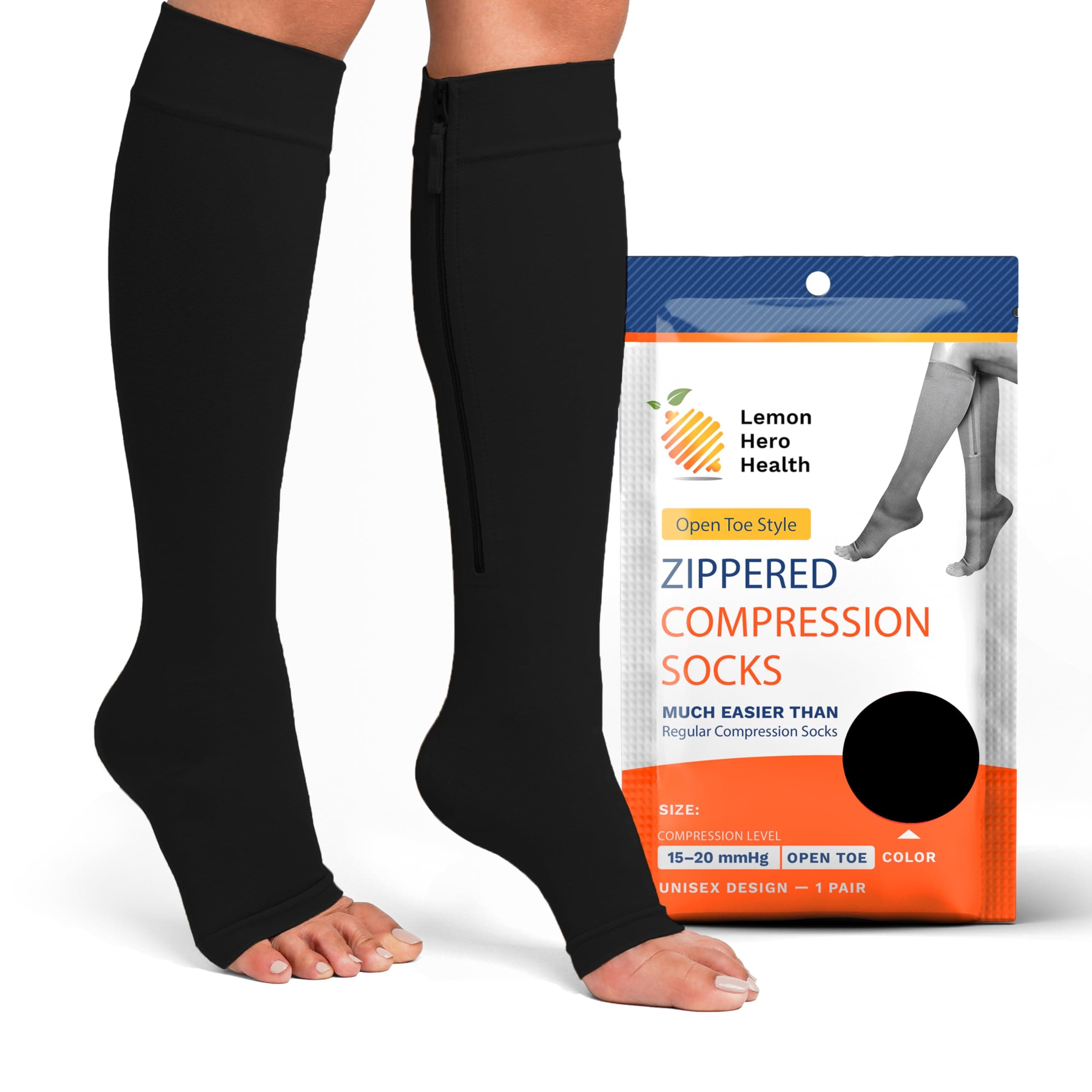 Lemon Hero Zipper Compression Socks 15-20 mmHg Open Toe, Medical Zip Up Compression Stockings for Women and Men - Improves Blood Circulation, Relieves Pain & Swelling