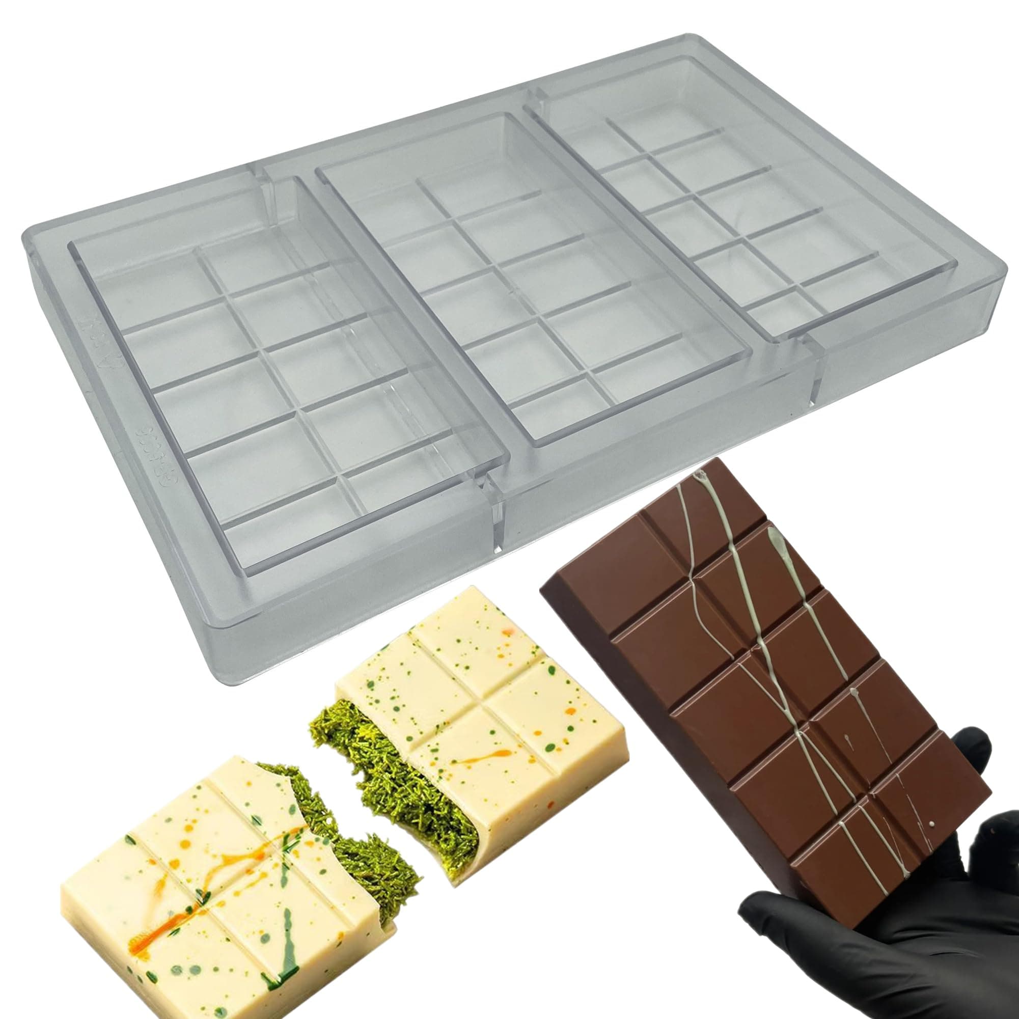 Goldbaking Polycarbonate Mold For Dubai Bars Large Chocolates Making 3-Cavities Deep Filled Break Apart Protein Bar Molds for Dubai Candy Bars Energy Bar Maker Mould