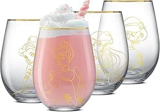Disney Princess Sketch Stemless Drinking Glasses, 19oz Glass Cups ft Princess Jasmine Ariel Belle Cinderella, Disney Princess Kitchen Glassware Set of 4, Disney Gifts for Adults