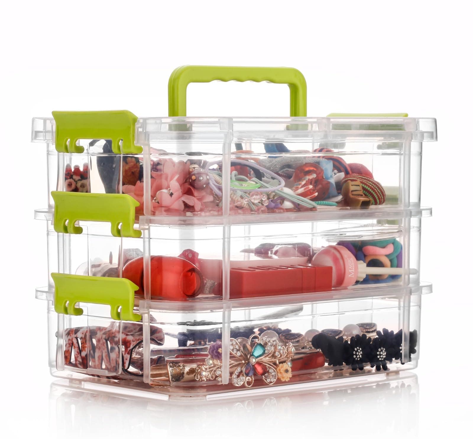 plastic boxes for Storage transparent boxes for storage, Portable & Stackable Space Saving Organiser with Lid for Medicine, Jewelry, Arts & Crafts, Buttons, Beads (Green, 3 TIER)