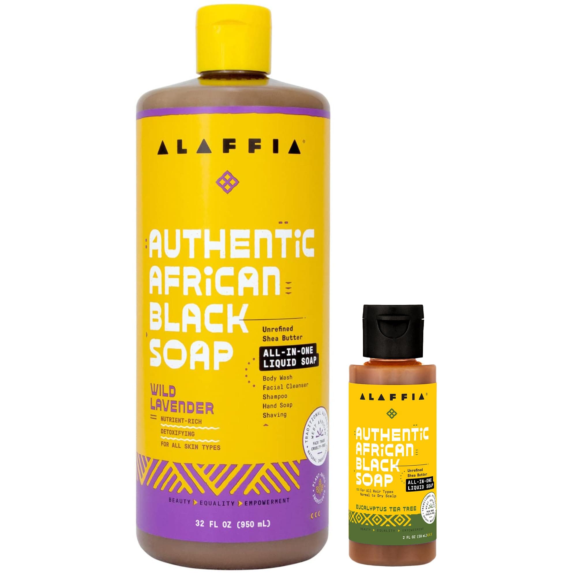 Authentic African Black Soap Variety 2-Pack – All-In-One Liquid Soap, Travel-Size Eucalyptus Tea Tree+Full-Size Unscented Body Wash, Face Wash, Shampoo, Shaving Soap