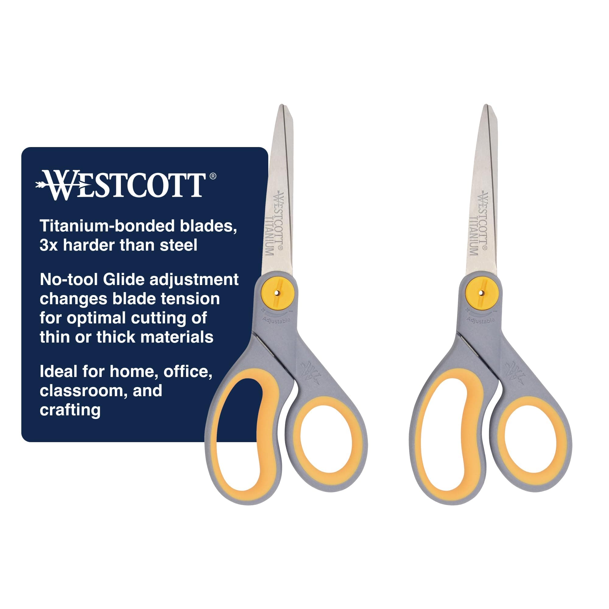 Westcott 8” Titanium Bonded Scissors with Adjustable Glide and Soft Handle, 2-Pack- Durable Multipurpose Scissors for Office, Home, and School Use, Sharp Precision Blades for Everyday Cutting