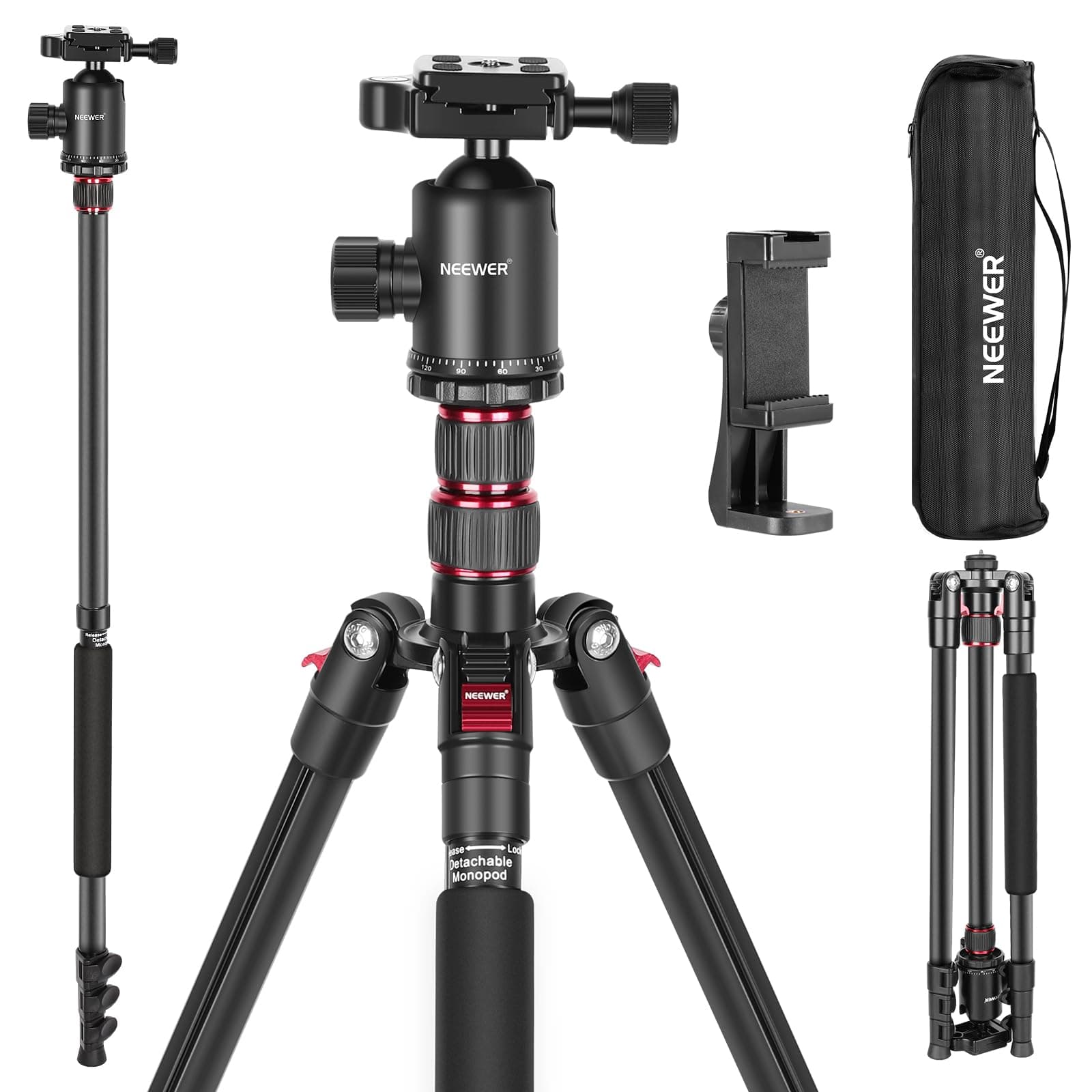 NEEWER 77" Tripod Monopod for DSLR Camera, Phone Holder Compatible with 16 15 Pro Max Plus, Lightweight Aluminum Travel Tripod w/ 360° Ball Head, 2 Axis Center Column, Arca Type QR Plate, Bag