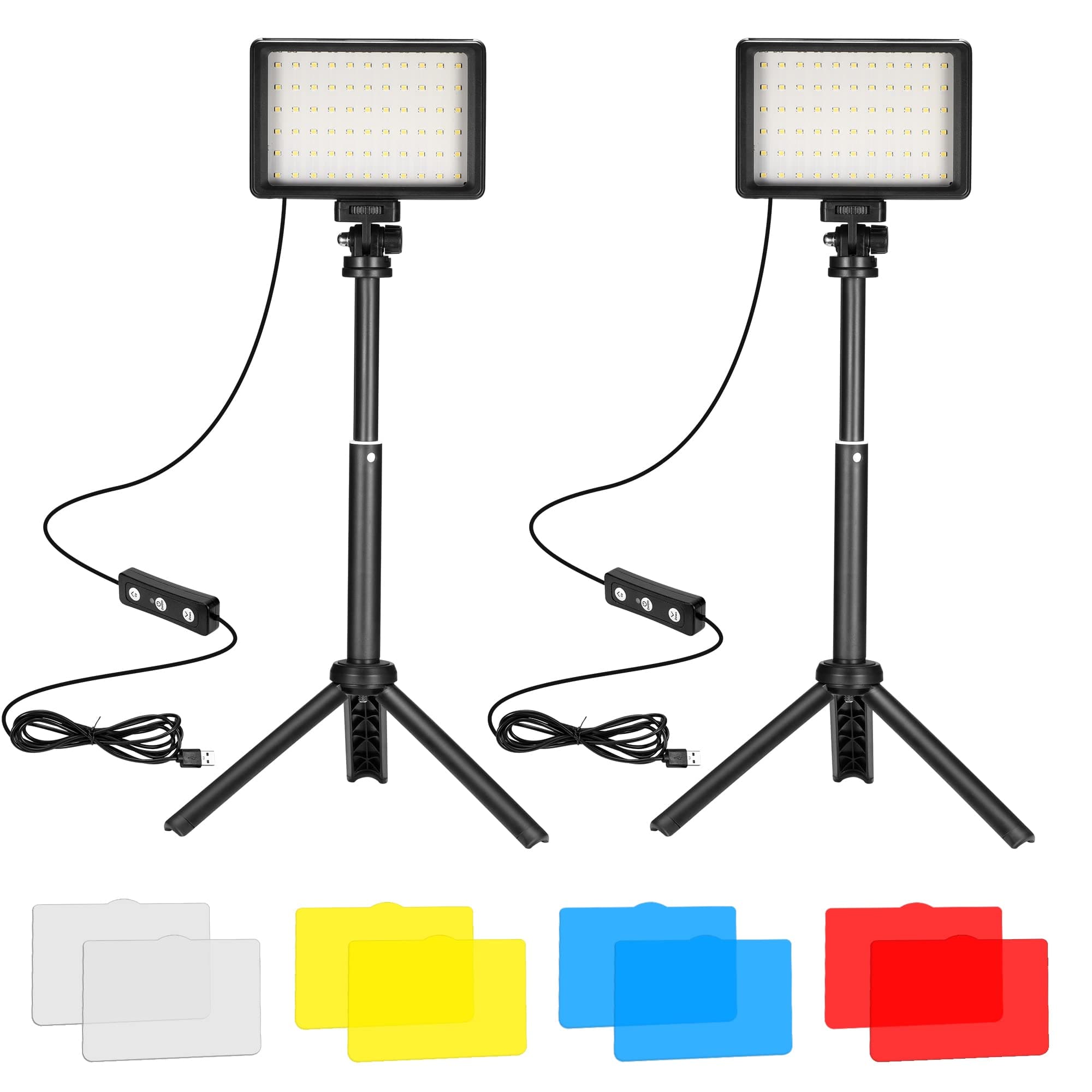 LED Video Light 2-Pack, 5600K Dimmable USB Photo Lights with Mini Tripod and Colored Filters for Photo Studios, Small Angle Shooting, Video Recording, Game Streaming