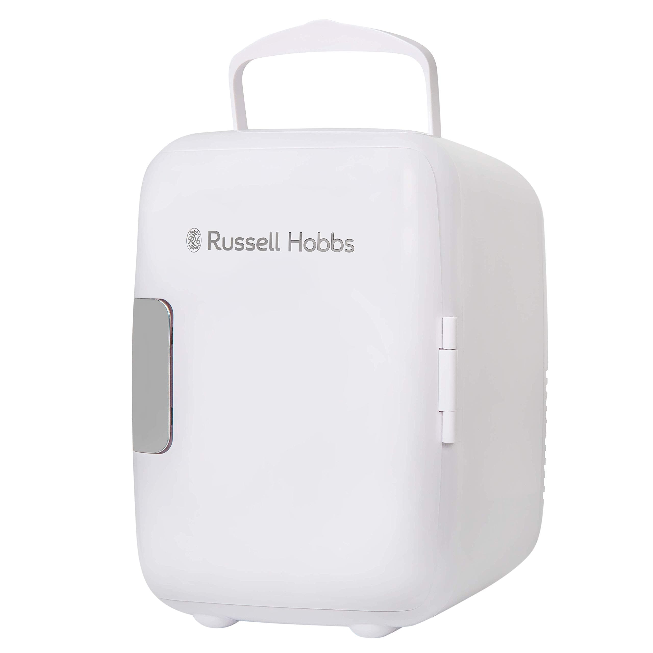 Russell Hobbs RH4CLR1001 4L/6 Can Portable Mini Cooler & Warmer for Drinks, Cosmetics/Makeup/Skincare, AC/DC Power, Retro Style, White, For Bedroom, Home, Caravan, Car