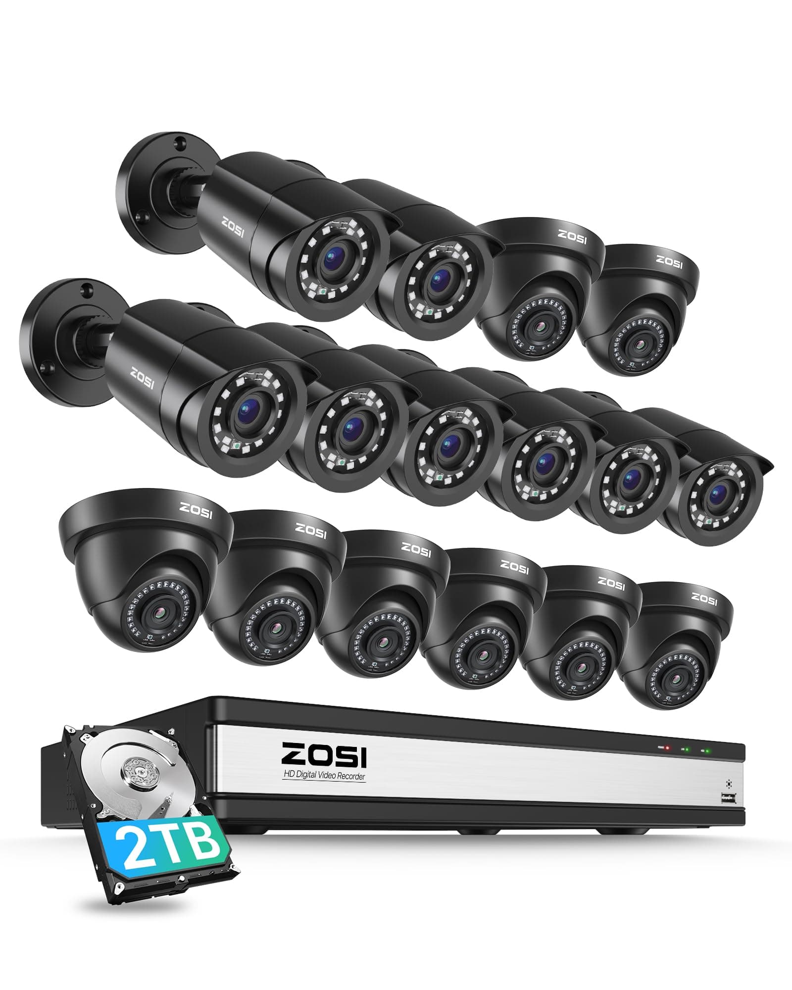 ZOSI 3K Lite 16CH Security Camera System with AI Human Vehicle Detection, Night Vision, 16 x 1080p Outdoor Indoor CCTV Wired Cameras, 16 Channel H.265+ Surveillance DVR with 2TB HDD for 24/7 Recording