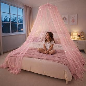 Bollepo Pink Bed Canopy for Girls with Glowing Stars - Canopy Bed Curtains | Fits Single, Twin, Full, Queen Size Kids Bed, Princess Netting Room Decor, Ceiling Tent to Cover Toddler, Canopy for Bed