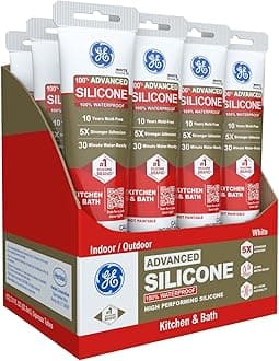 GE Advanced Silicone Caulk for Kitchen & Bathroom, White, 2.8 fl oz Tube, 12 Pack - 100% Waterproof Silicone Sealant, 5X Stronger Adhesion, Shrink & Crack Proof