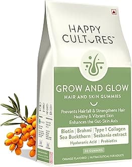 Happy Cultures Grow and Glow Gummies for Hair Growth, Skin Glow, Strong Nails Contains Biotin, Probiotics, Hyaluronic acid, Collagen, No Added Sugar - Orange Flavor, 30 Gummies (Pack of 1)