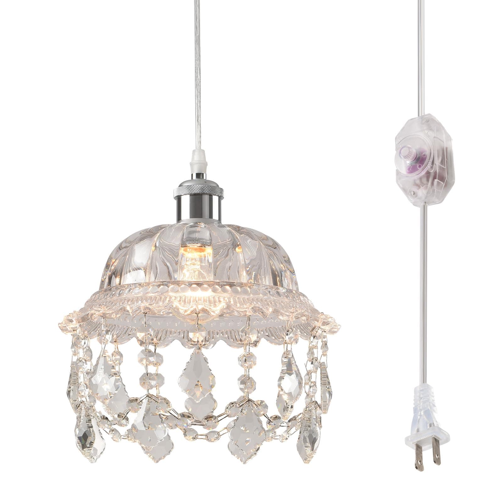 Plug in Pendant Light Modern Crystal Hanging Light with Plug in Cord,On/Off Dimmer Switch,Vintage Pendant Lighting with Plug in Cord for Kitchen Island Dining Room Bedroom
