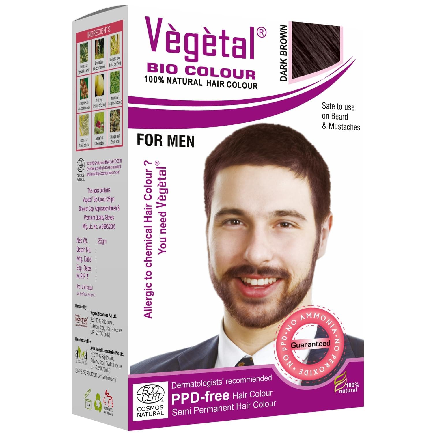 Vegetal Bio Colour - Experience Dark Brown Beard Hair Color for Men, Ammonia-Free, PPD-Free, 100% Organic, and Herbal, Safe and Effective Beard Dye, Complete Kit Included 25g