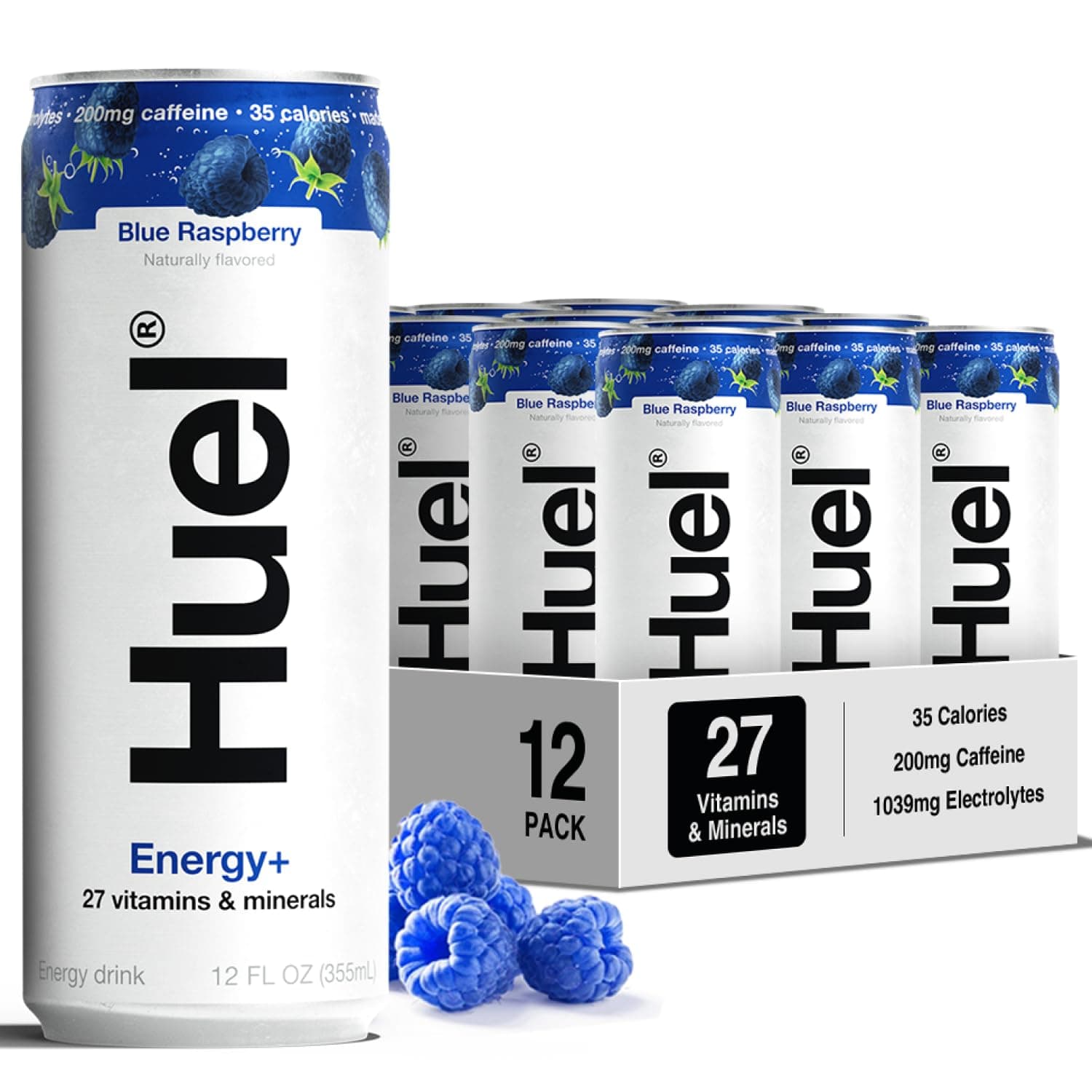 Energy+ | Blue Raspberry Energy Drink | Refreshing Plant-Based Drink with Real Fruit | 200mg of Caffeine and 27 Vitamins & Minerals | 35 Calories per 12 FL Oz, 12 Pack